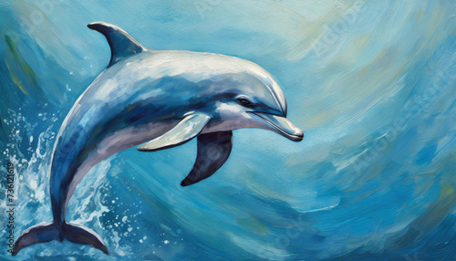 Oil painting of a Dolphins on pure blue background canvas, copyspace on a side