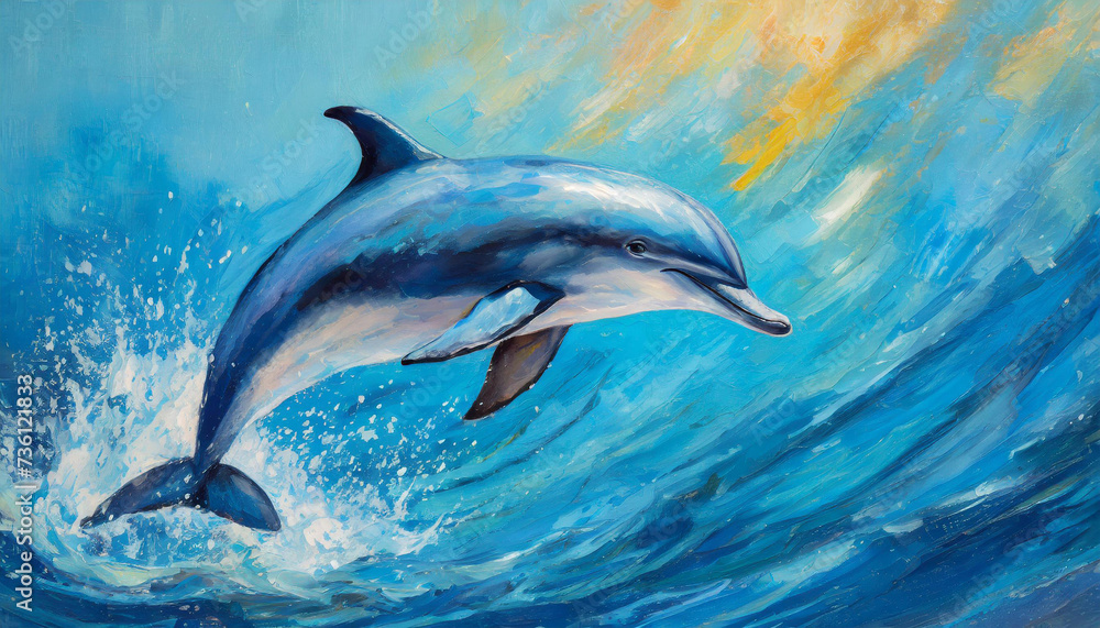 Fototapeta premium Oil painting of a Dolphins on pure blue background canvas, copyspace on a side