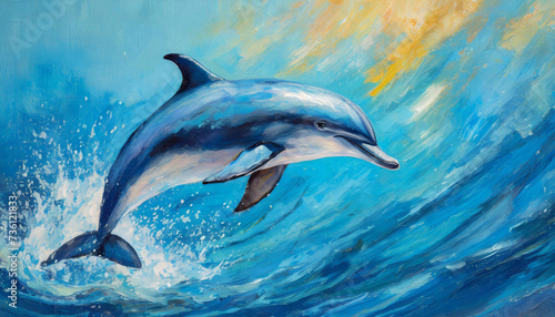 Oil painting of a Dolphins on pure blue background canvas, copyspace on a side © Giuseppe Cammino