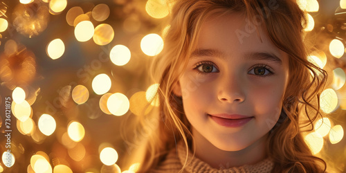 Portrait of beautiful young girl on bright lights background, ai technology