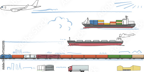 ロジスティクスを担う乗り物　セット　イラスト素材	

