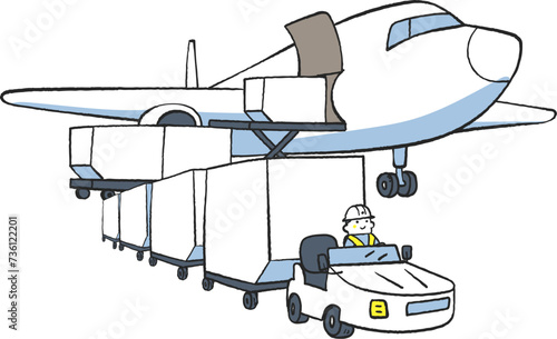 航空貨物の現場で働く人々　トーイングトラクター　セット　イラスト素材
