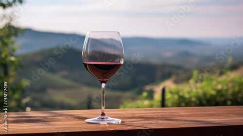 a glass of red wine stands on a wooden table, against the backdrop of rolling hills nature 