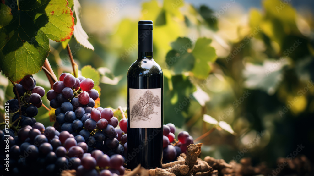 red wine bottle with fresh grape vines set against a backdrop of lush green vineyard