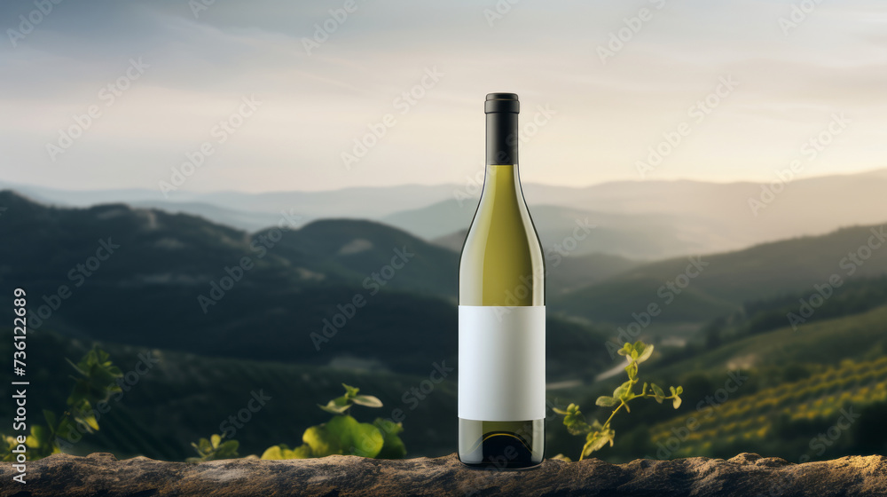close up of a white wine bottle with a blank label on a wooden table, blurred backdrop of rolling vineyard hills in the early morning mist