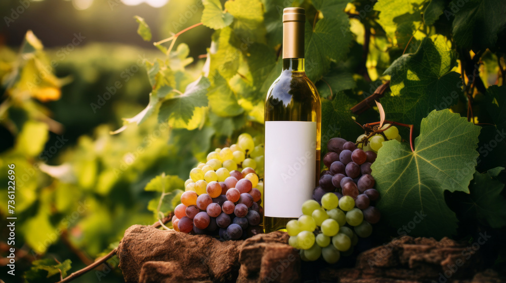 a white wine bottle with a blank label set against a backdrop of fresh grape vines on a sunny day