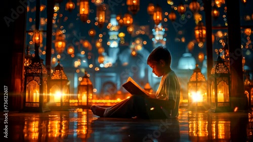 A boy reading al-qur'an on mosque background. Seamless looping time-lapse 4k video animation background