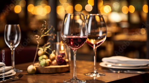 close up of wine glasses on the table, blurred bokeh restaurant background