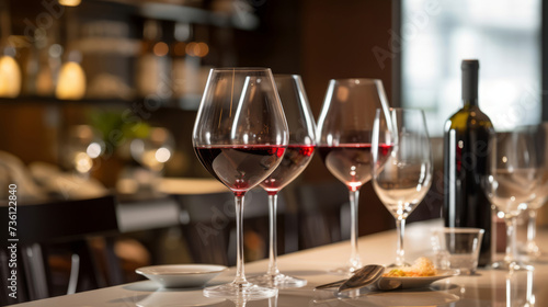 close up of wine glasses on the table, blurred restaurant background