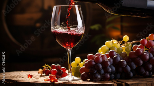 close up of a wine pouring into the glass  a rustic wooden table  and grapes