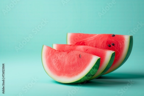 Watermelon slices on a turquoise background, copy space photo