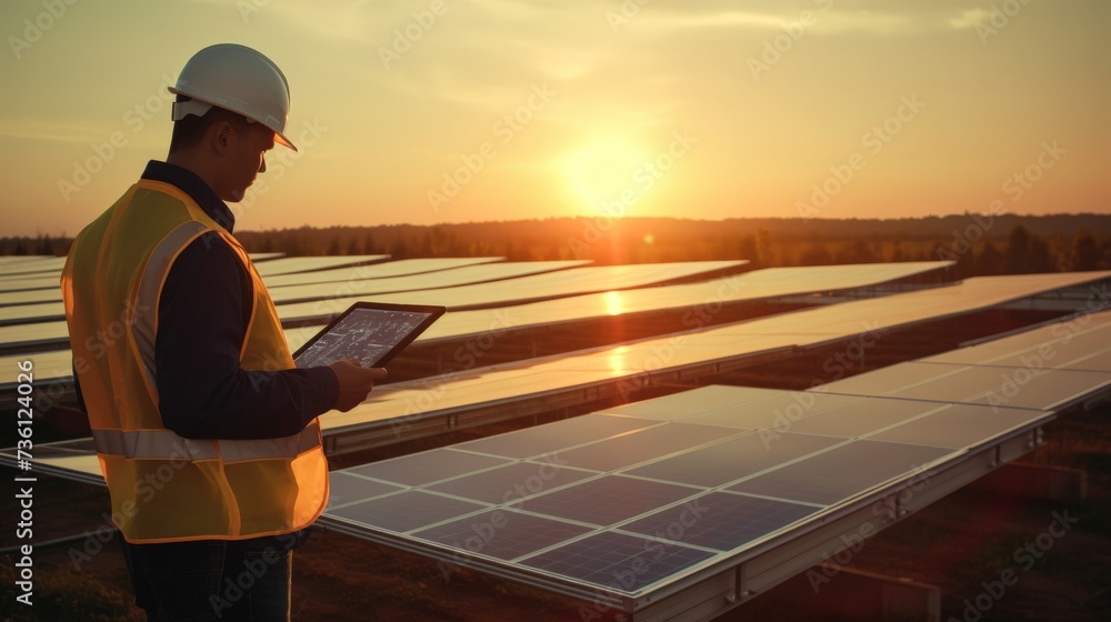 An young engineer is checking with tablet an operation of sun and cleanliness on field of photovoltaic solar panels on a sunset. Concept:renewable energy,