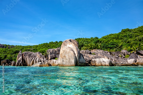West coast of Island La Digue, Republic of Seychelles, Africa.