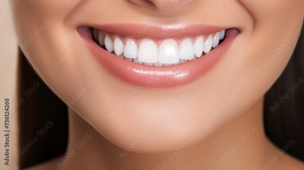 Obraz premium Beautiful female smile after teeth whitening procedure. Dental care. Dentistry concept.