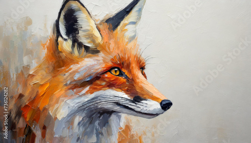 Oil painting of a fox head on pure white background canvas  copyspace on a side