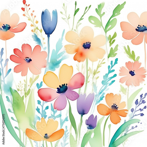 A cheerful kaleidoscope: watercolor flowers in all their glory. Spring flowers on a white background.