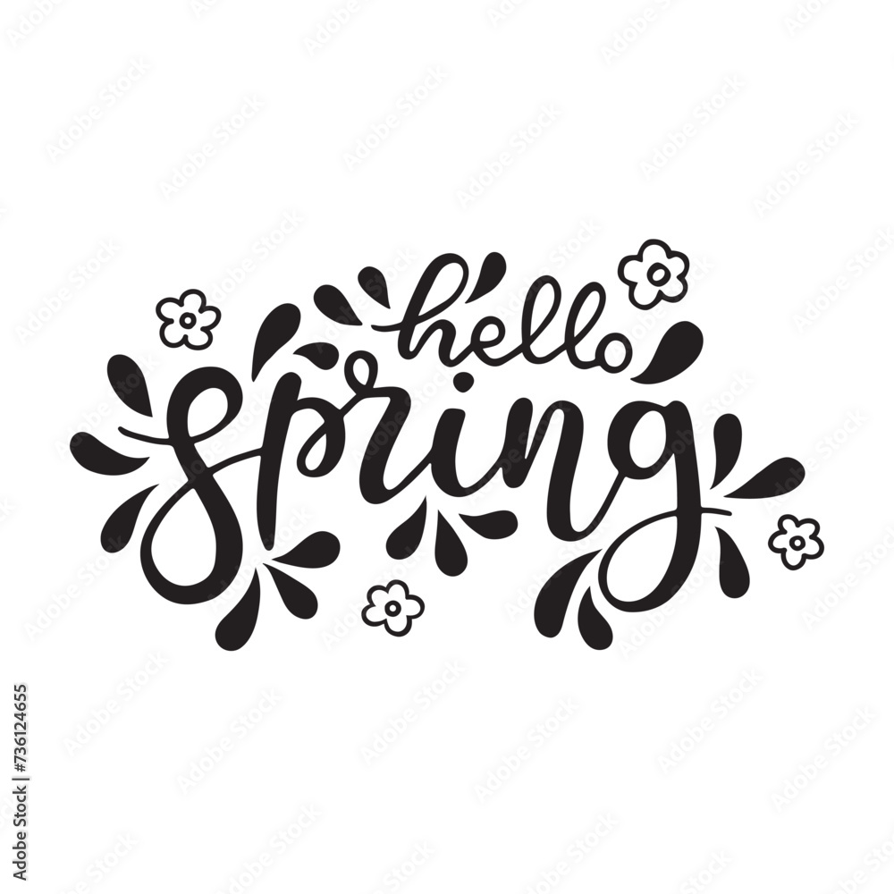 Hello Spring black linear hand draw lettering. Design for holiday greeting card and invitation. Hello Spring black linear hand draw lettering. Design for holiday greeting card and invitation.