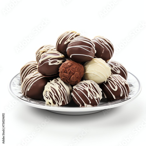 a Chocolate truffles on a plate, studio light , isolated on white background