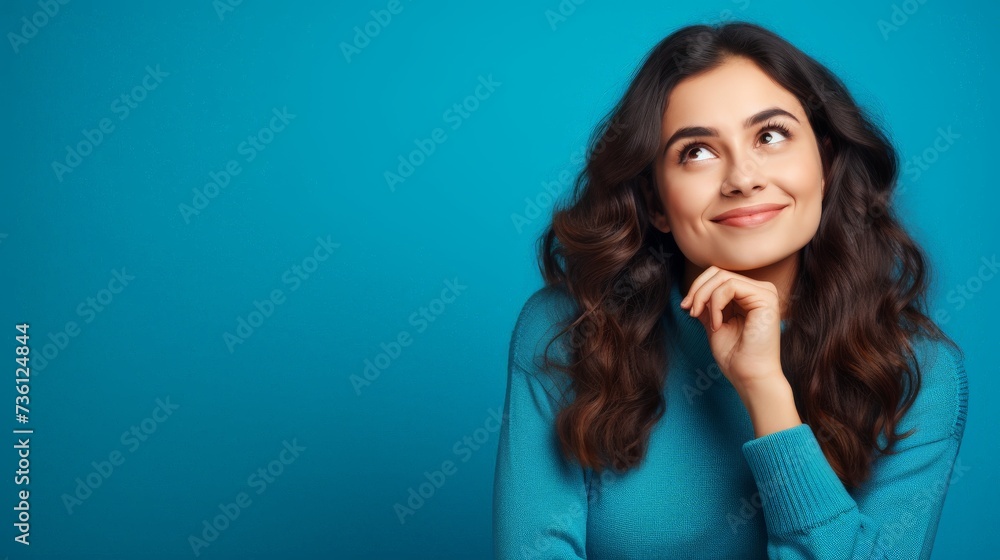 Close-up portrait of her she nice-looking lovely attractive curious creative cheery long-haired girl learning creating plan copy space isolated over bright vivid shine vibrant blue color background Close-up portrait of her she nice-looking lovely attractive curious creative cheery long-haired girl learning creating plan copy space isolated over bright vivid shine vibrant blue color background
