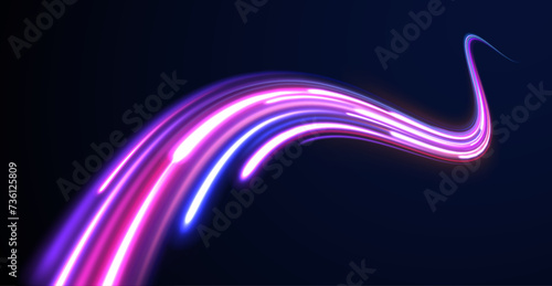 Curved light trail stretched upward. Fast speed car. Acceleration speed motion on night road. City light trails motion background. Illustration of high speed concept.	