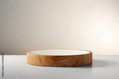 A wooden round product podium on a polished white surface. (Generative AI)