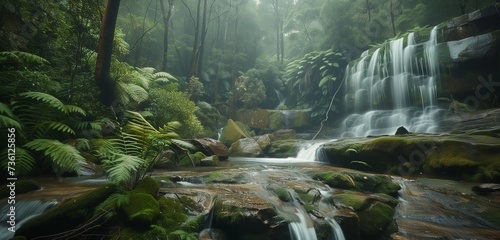 A secluded waterfall hidden deep within a dense forest, its waters flowing gracefully over mossy rocks. © Arbaz