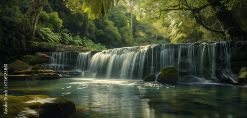 A secluded waterfall hidden deep within a dense forest  its waters flowing gracefully over mossy rocks.
