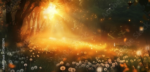 A serene meadow bathed in the golden light of sunset, dotted with dandelions swaying gently in the breeze.