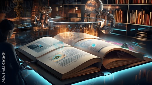 AI in Education. Digital book opening, with AI code and interactive elements. Integration of AI in transforming traditional educational materials into interactive learning experiences