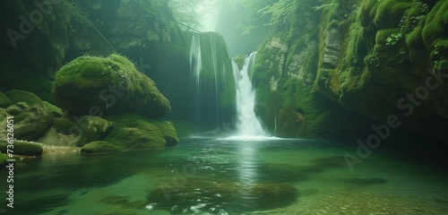 Crystal-clear water cascading down a series of moss-covered rocks, forming a tranquil waterfall hidden deep within a lush, emerald-green canyon.