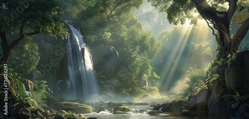 Sunlight filtering through dense foliage  illuminating a cascading waterfall in a secluded forest glade.