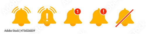 Notification bell icon. Alarm alert sign. Sound reminder. New message. Sound mute.