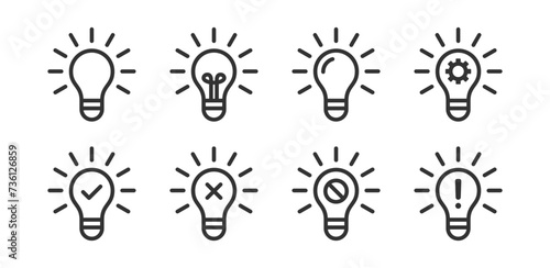 Light bulb icon. Idea, creative, innovation bulb. Electric energy. Bright lamp. Block, cancel, gear, check mark, exclamation mark signs.