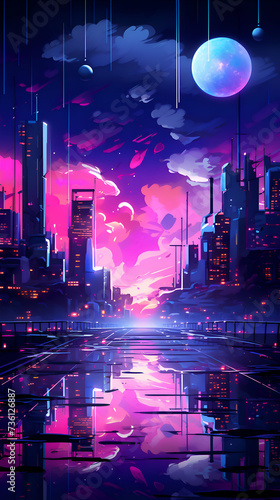 Night city with neon lights. Futuristic cityscape. illustration.