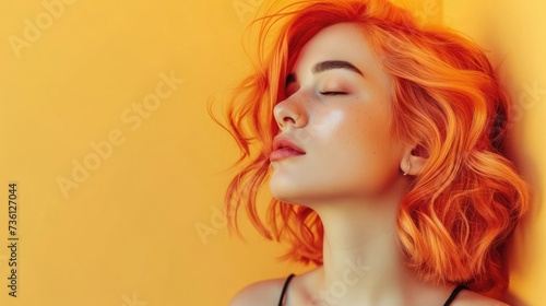A woman with vibrant orange hair and closed eyes poses against an orange background, conveying a sense of tranquility and style.