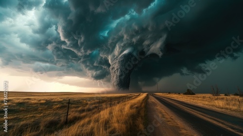 Tornado over a rural road. Majestic storm clouds loom over a serene landscape. © Dzmitry