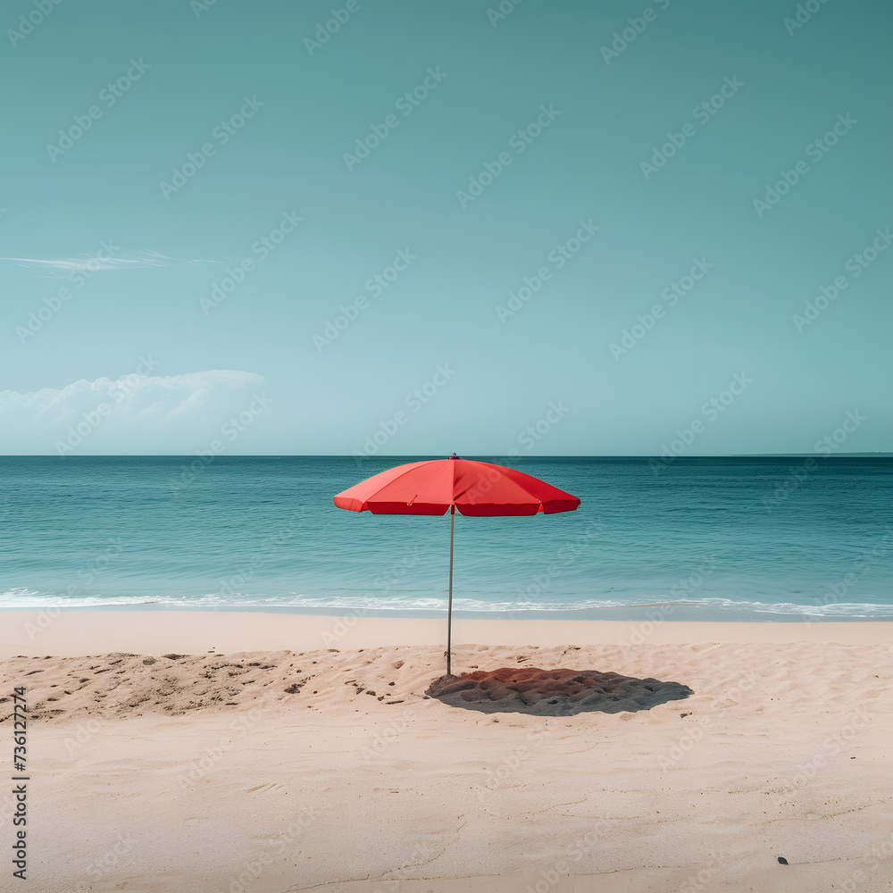 Lonely red umbrella on the sandy beach with fabulous waves of turquoise ocean. Summer vacation wallpaper Lonely red umbrella on the sandy beach with fabulous waves of turquoise ocean. Summer vacation wallpaper