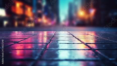 Light effect, blurred background. Wet asphalt, night view of the city, neon reflections on the concrete floor. Night empty stage, studio. Dark abstract background, dark empty street. Night city.