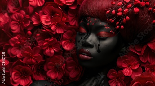 black shiny skin woman with red flowers, elegance fashion portrait of pretty African woman, Generative Ai © QuietWord