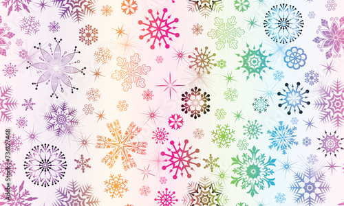 Vector hand drawn seamless winter pattern with colorful snowflakes and stars on a white background