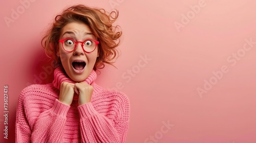 Excited woman in pink sweater and red glasses with a surprised expression against a pink background.