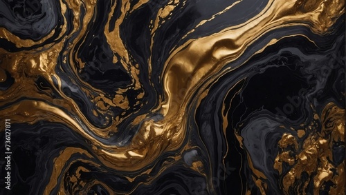 Obsidian abstract black marble background art paint pattern ink texture watercolor rustic gold fluid wall. photo