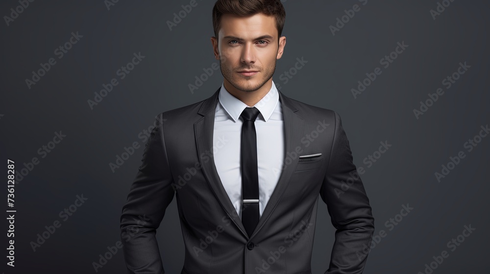 Young businessman standing with hands in pocket over gray background Young businessman standing with hands in pocket over gray background