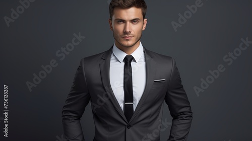 Young businessman standing with hands in pocket over gray background