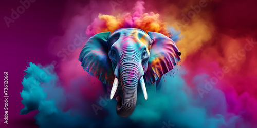 elephant in holi colors against bright colors background, multicolored explosions of holi colors, holi festival