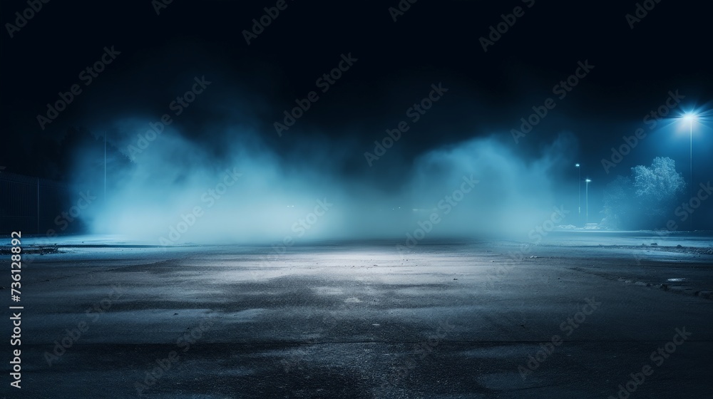 Rays, spotlights light. Empty dark scene with blue light. Asphalt blue dark street with smoke Rays, spotlights light. Empty dark scene with blue light. Asphalt blue dark street with smoke