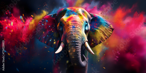 elephant in holi colors against bright colors background, multicolored explosions of holi colors, holi festival photo