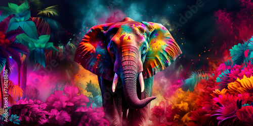 elephant in holi colors against bright colorful jungle background  multicolored explosions of holi colors  holi festival