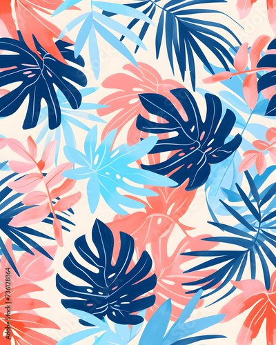 Seamless pastel background of tropical leaves on the white background. Summer holiday concept wallpaper