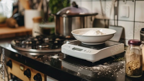 white digital kitchen scale on a black countertop, measuring ingredients accurately